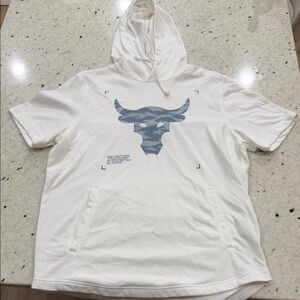 Men's White Short-Sleeve Hoodie with Blue Bull Logo